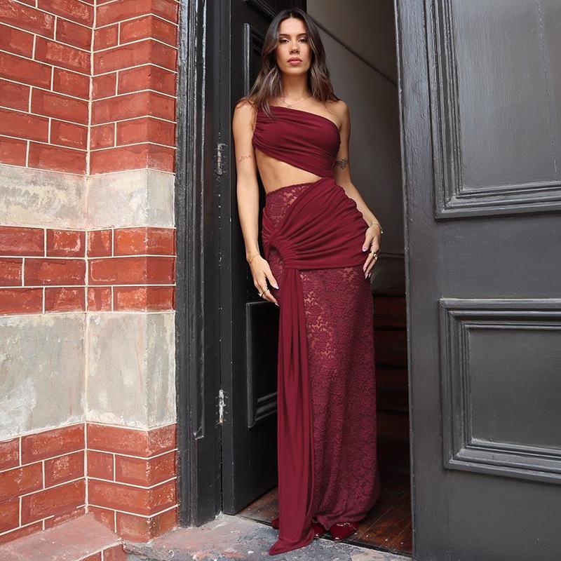 Damen Bandage Hollow Out Spitzenröcke Zweiteiliges passendes Set 2025 Unregelmäßige Oberteile Lange Kleider Anzug Strandurlaub Party Outfit