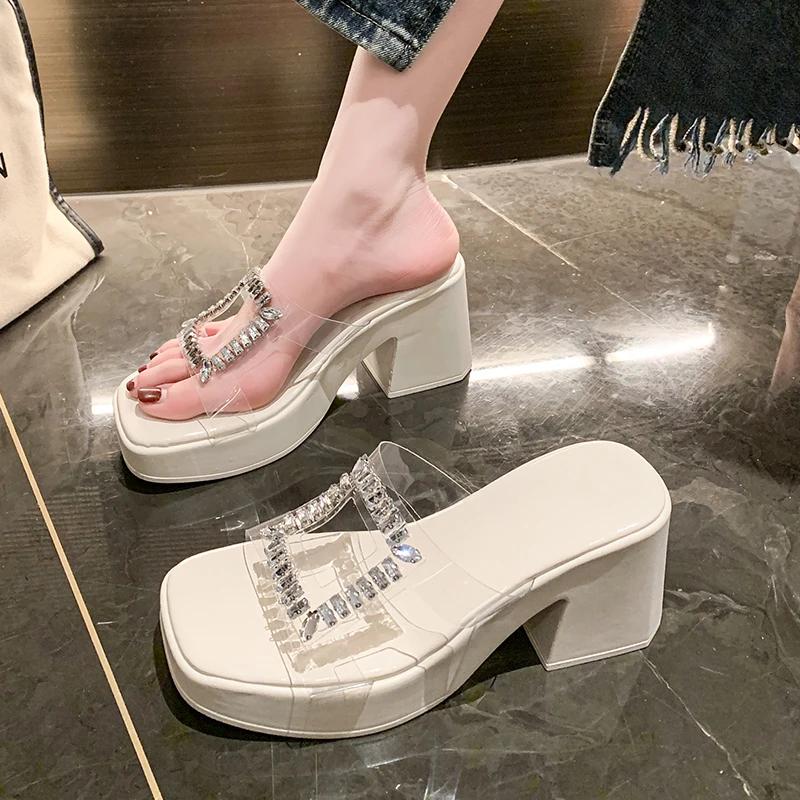 

2024 Высококачественная женская обувь, летняя мода, открытый носок, однотонные женские тапочки, прозрачные женские туфли со стразами на высоком каблуке 35 белый