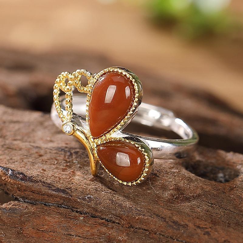 Natural imitation Hetian jade red butterfly two-tone ring, vintage court style inlaid with zircon, dragonfly wish-fulfilling ring jewelry
