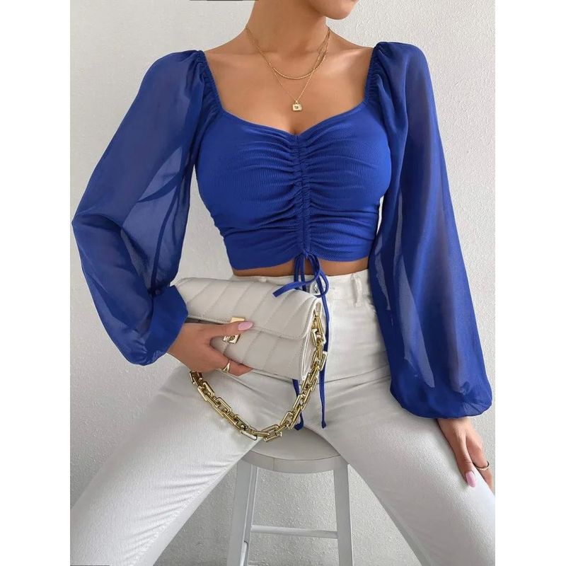 V-neck Drawstring Lantern Sleeve Top Low Cut V-neck Drawstring Bishop Sleeves Top