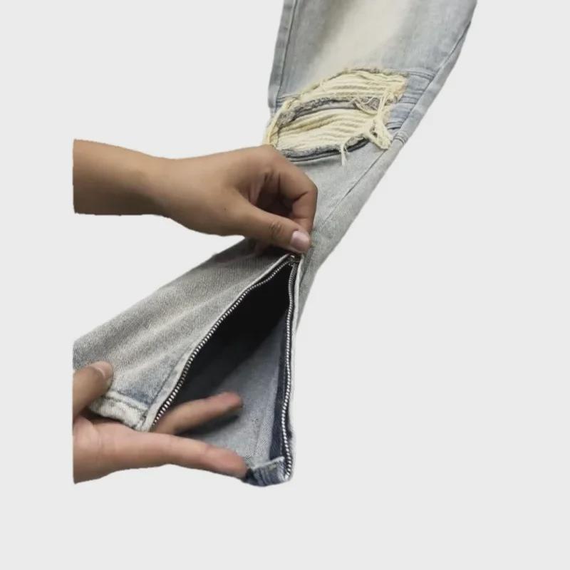 Men's Retro Patchwork Slim Zipper Jeans - Trendy Straight-Leg Style