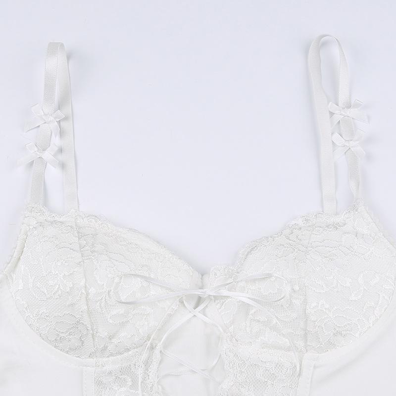 Purely Sweet and Spicy Lace Patchwork Bow Suspender Sexy Perspective Cross Strap Strapless Hot Girl Corset with Design Sense of Ultra-short Vest