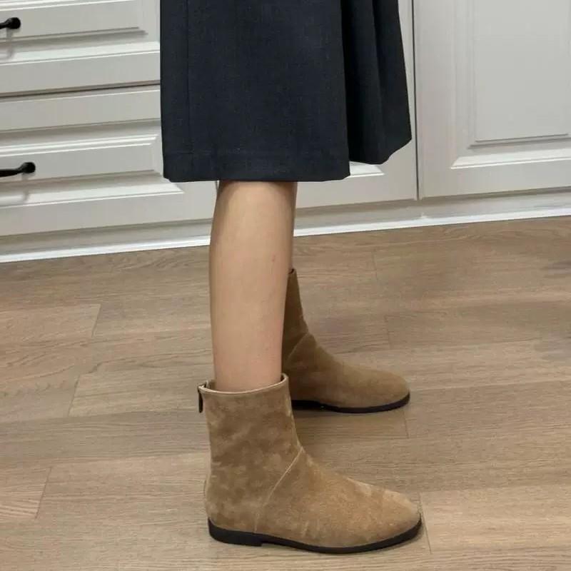 Korean Version of Maillard Suede Suede Flat-bottomed Western Cowboy Boots Short Boots Women's Autumn and Winter Versatile Rear Zipper Thin Boots