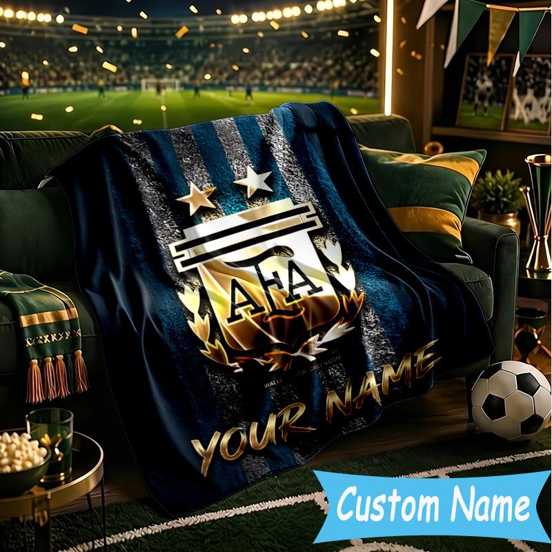 Custom Name Argentina Football Crest Flannel Blanket, Use for Birthday/Holiday Gift, Soft Blanket for Sofa/Bed/Camping/Office, Home Decor