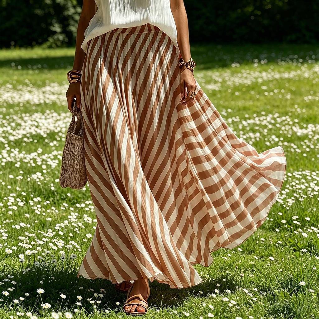 Women's Casual High Waist Pleated A-Line Maxi Skirt Striped Pattern Lightweight Flowing Fabric Comfortable Fit