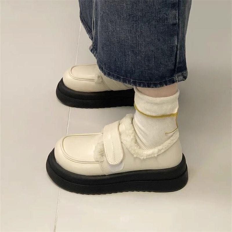 Fleece Platform Mary Jane Small Leather Shoes Women's 2025 New British Style Platform Versatile JK Loafer Cotton Shoes To Keep Warm