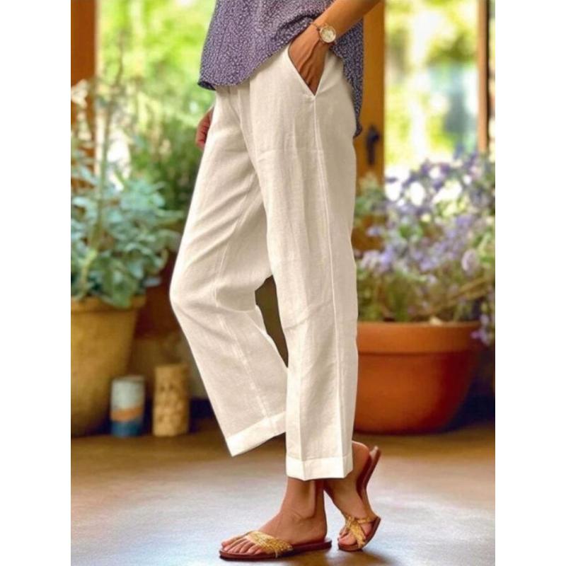 Women's Casual Pants Cotton and Linen Blend Elastic Waist Pocket Fashion Simple Slit Button Basic Versatile Straight Leg Pants
