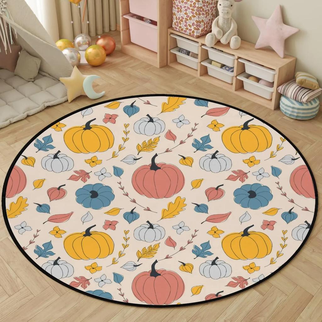 Fall Pumpkin Round Rug for Bedroom Thanksgiving Decor Circle Non Slip Carpet Maple Leaves Floor Mat for Bath Living Room Kitchen