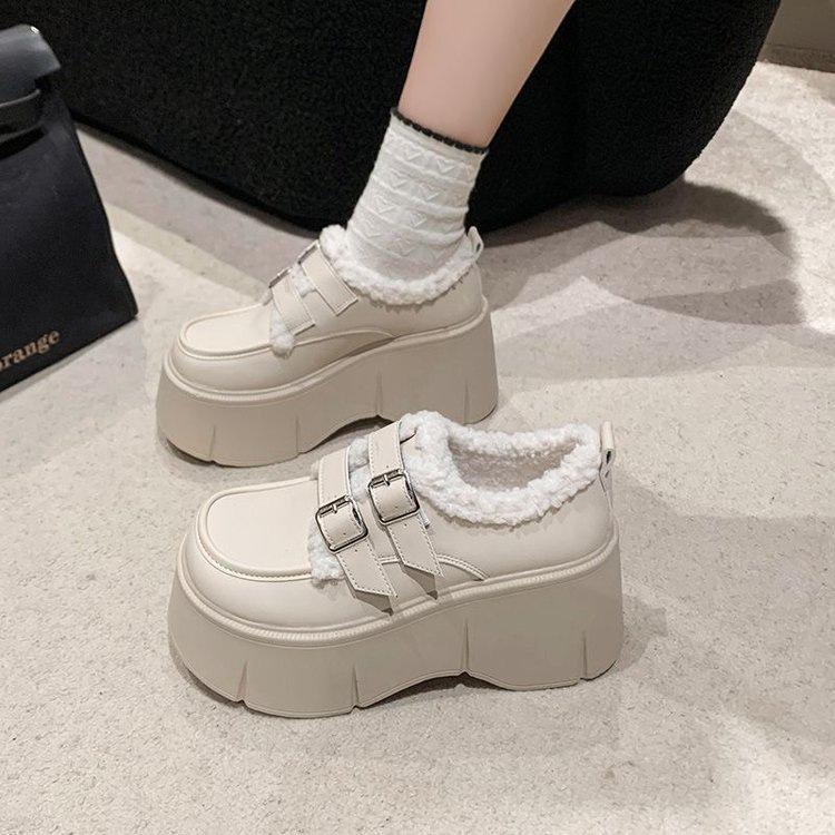 Small thick-soled loafers for women's 2025 winter new 8cm heightened small leather shoes with velvet lamb wool warm cotton shoes