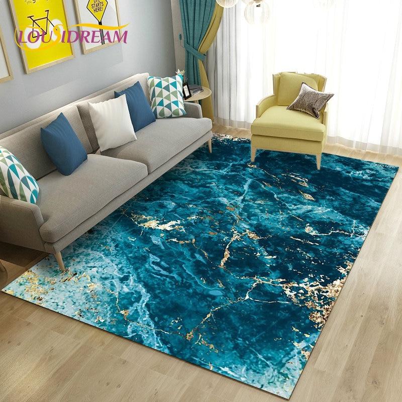 Nordic Marble Texture Goldren Cyan Area Rug Large,Carpet Rug for Living Room Bedroom Sofa Doormat Decor,Kid Non-slip Floor Mat