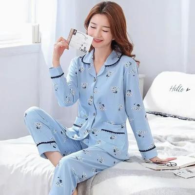 Pyjamas Set for Women Cotton Student Homewear Long Sleeves Long Trousers Solid Colour Cardigan Ladies Pyjamas Set Discount