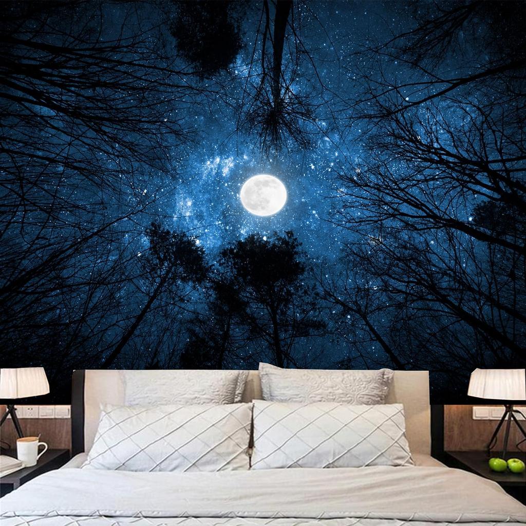 Forest Galaxy Starry Tapestry, Starry Night Sky Moon Stars Ceiling Tapestry Blue Space with Trees Nature Tapestries Wall Hanging for Bedroom Dorm