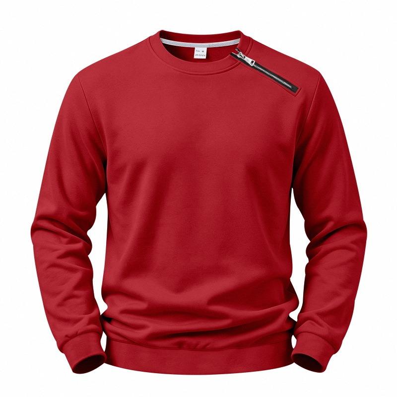 Men's Fleece Lined Solid Color Crew Neck Sweatshirt Diagonal Zip Pullover.