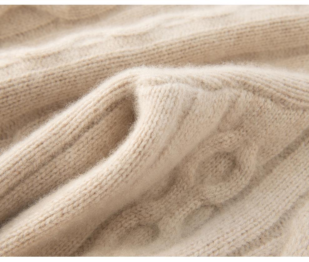 Women's Round Neck Cable Knit Cashmere Sweater - 2026 Autumn/Winter, Gentle Style, Solid Color, Thick and Warm Base Layer.