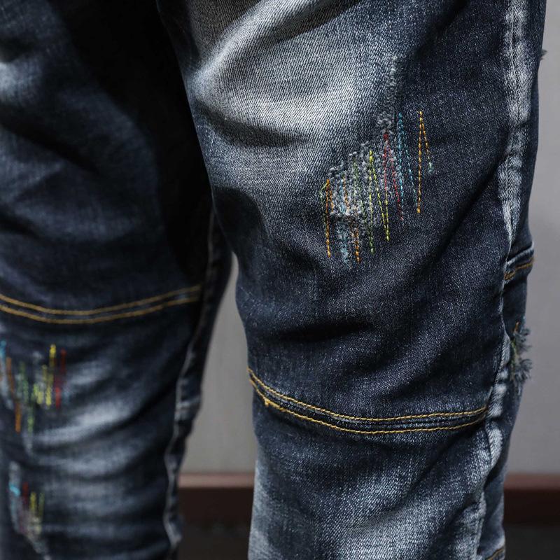 Men's Slim Fit Jeans - Vintage Washed Blue & Black with Embroidery, European & American Street Style