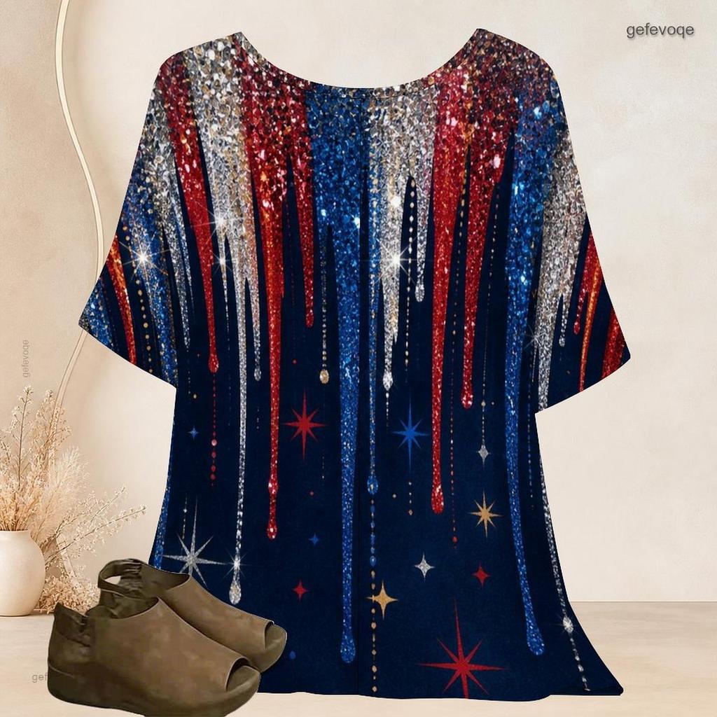 Women Plus Size Round Neck Batwing Short Sleeve Top Vintage Usa Flag Star Stripe Print Loose Casual Tunic Blouse