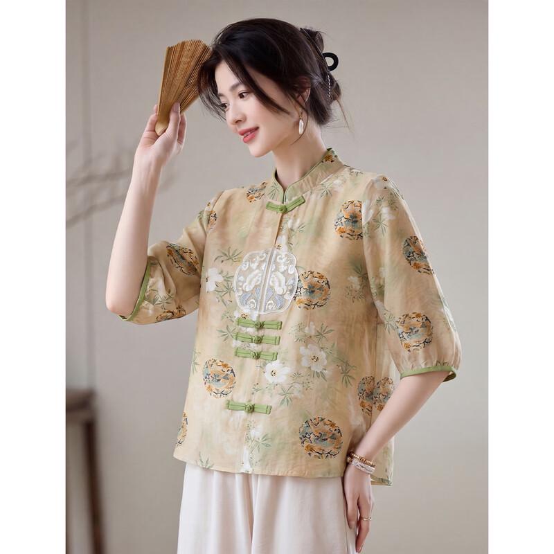 ORIGIN Women s Chinese Style Floral Print Half-Sleeve Cardigan M