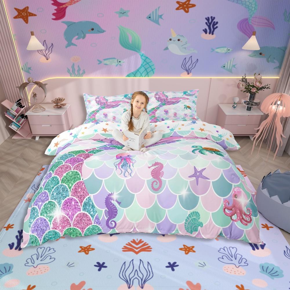 Homewish Juego de Funda Nórdica Princesa Sirena Soñadora Para Niños Juego de Cama Castillo de Cuento de Hadas Juego de Cama Reversible Escama de Pez Morada