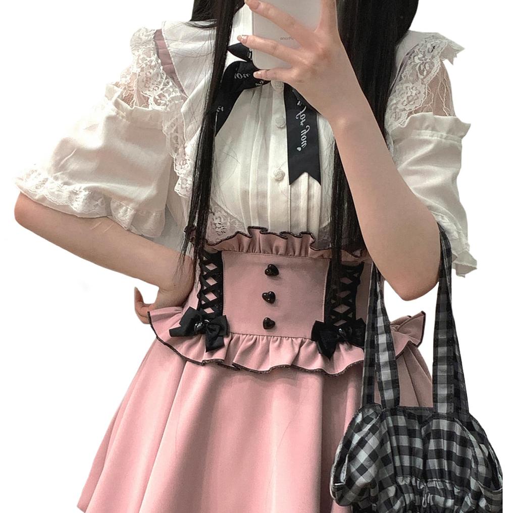 XHSUKADO Lace Short Floral Open White Women's Blouse, Sleeve, Off-the-Shoulder, Print, Ribbon, Ruffles, Shoulder, Bowknot, Feminine, Cute,