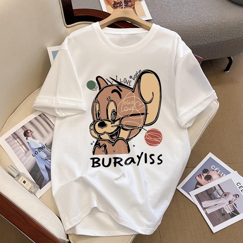 Pure cotton short-sleeve T-shirt for women, new summer loose plus-size cartoon age-reducing shoulder short-sleeve round neck top S