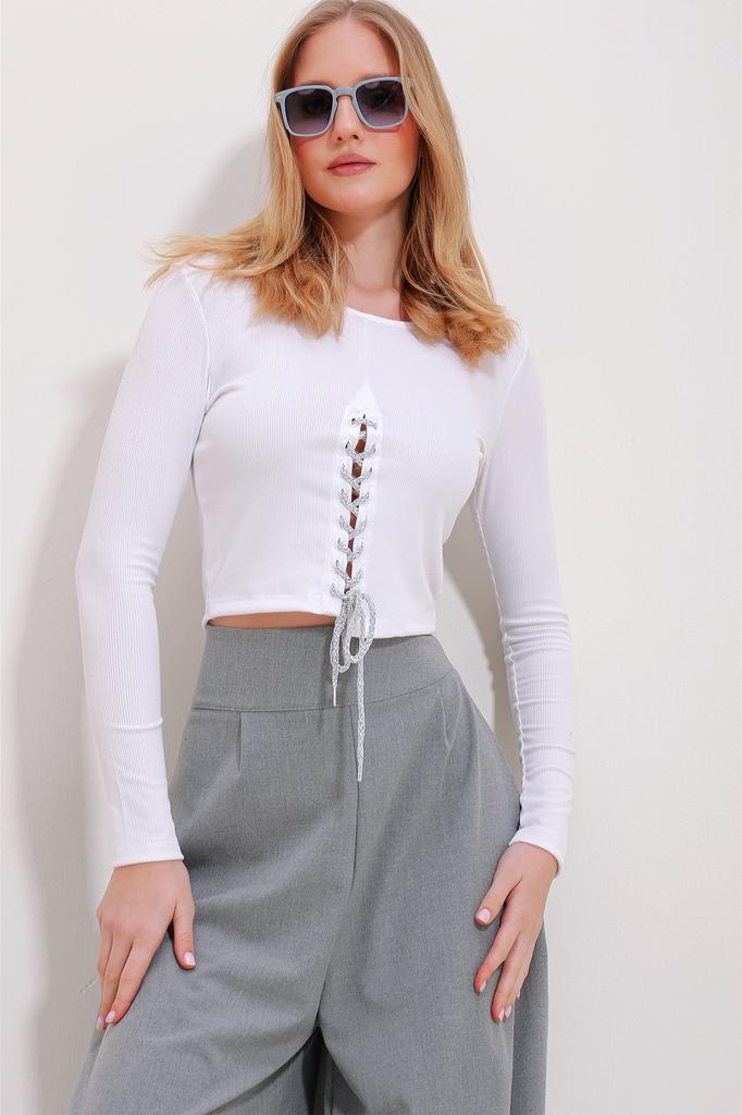 Damenbluse Neue Saison Mode Weiß Rundhals Vorne Glitzer-Schnürung Crop-Bluse