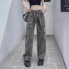 2024 Women's Retro Multi-Pocket Distressed Work Pants: Street-Style Slimming Straight Leg Long Trousers