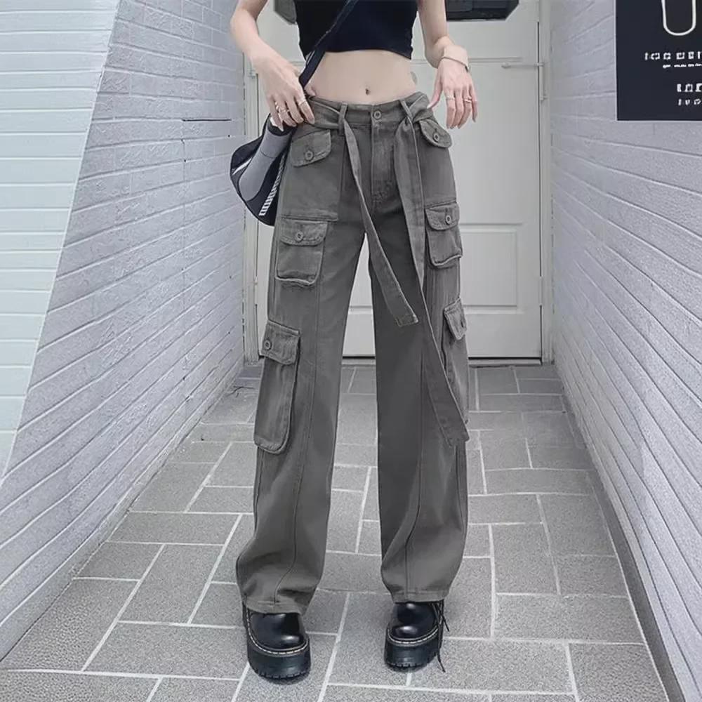 2024 Women's Retro Multi-Pocket Distressed Work Pants: Street-Style Slimming Straight Leg Long Trousers