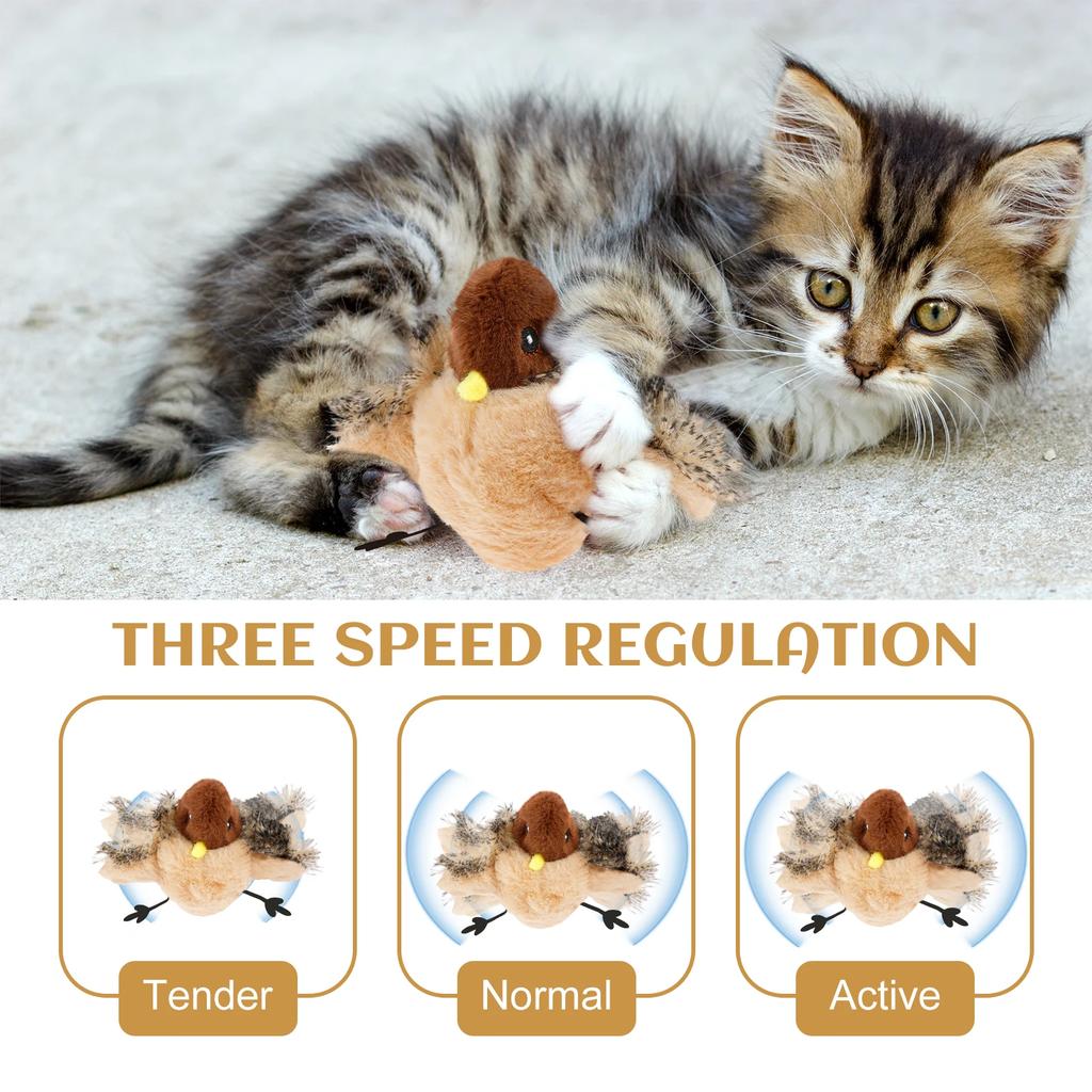 Interactive Cat Toys USB Rechargeable Simulation Chirping Flapping Sparrow Bird Touch Activated Plush Toys with Remote Control