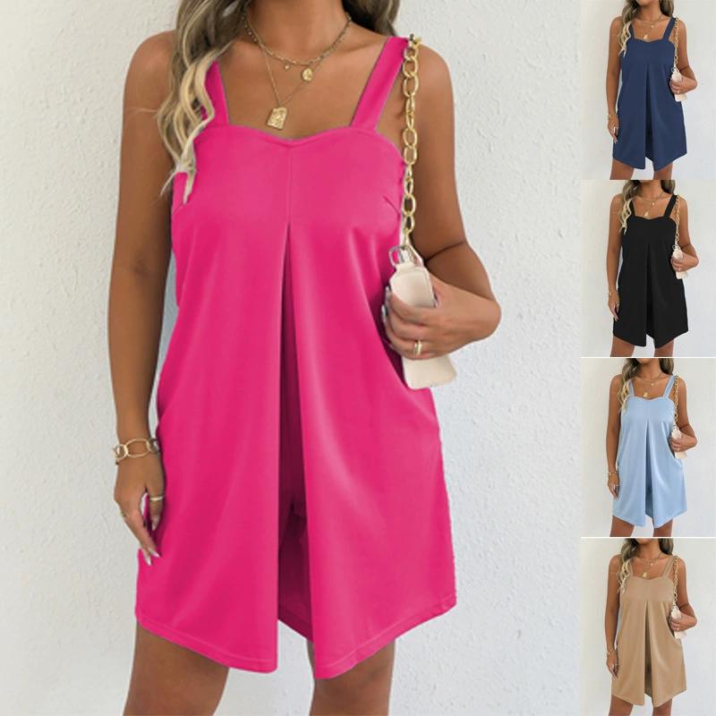 Damen Sommer Jumpsuits und Strampler Spaghettiträger Lässig Lose Taschen Playsuits Bodysuits