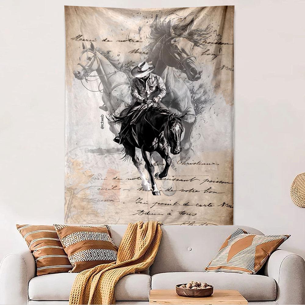Cowboy Riding Horse Tapestry Wall Hanging, Retro Western Vintage Poster Art, Wild West Wall Decor for Bedroom Living Room Dorm