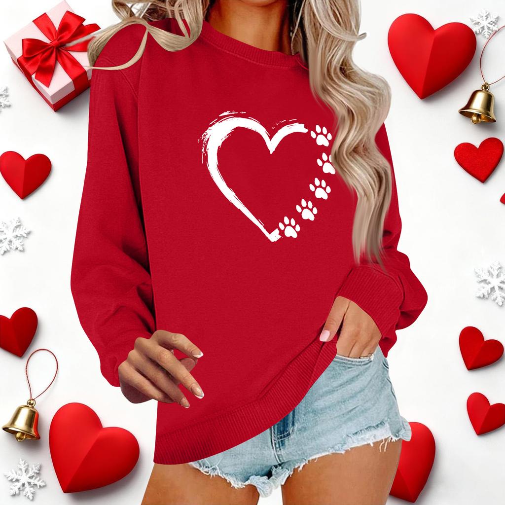 Lässiges Pullover-Oberteil mit Rundhalsausschnitt und langen Ärmeln für Damen mit Valentinstags-Print
