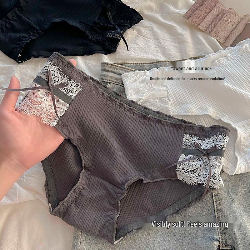 Sweet Lace Antibacterial Women's Elegant Cotton Mid-Waist Bow Briefs