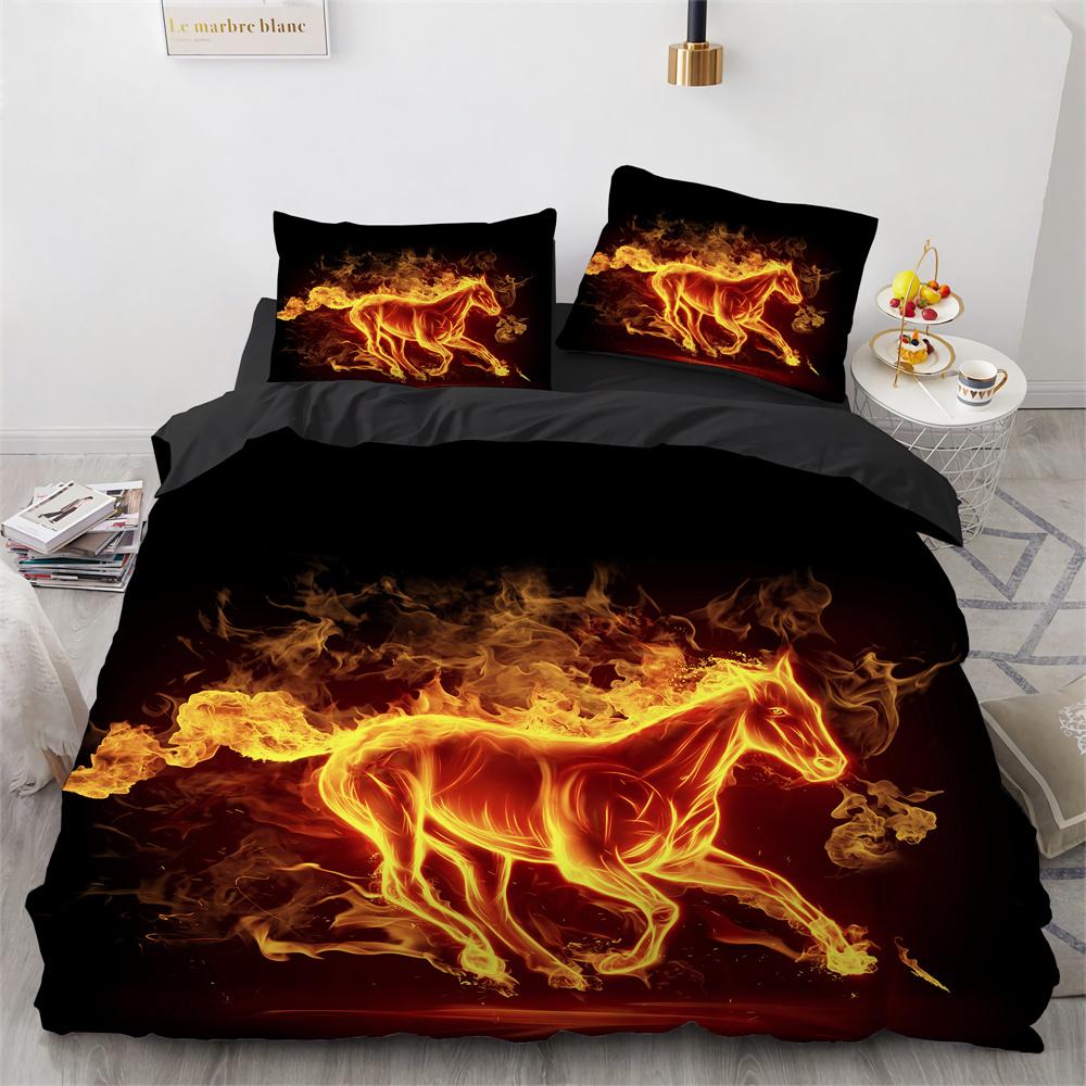 Steed Duvet Cover Set Fire Water Horse Wild Animals Comforter Cover Wildlife Bedding Set King Full Size for Kids Boys Girls Teen