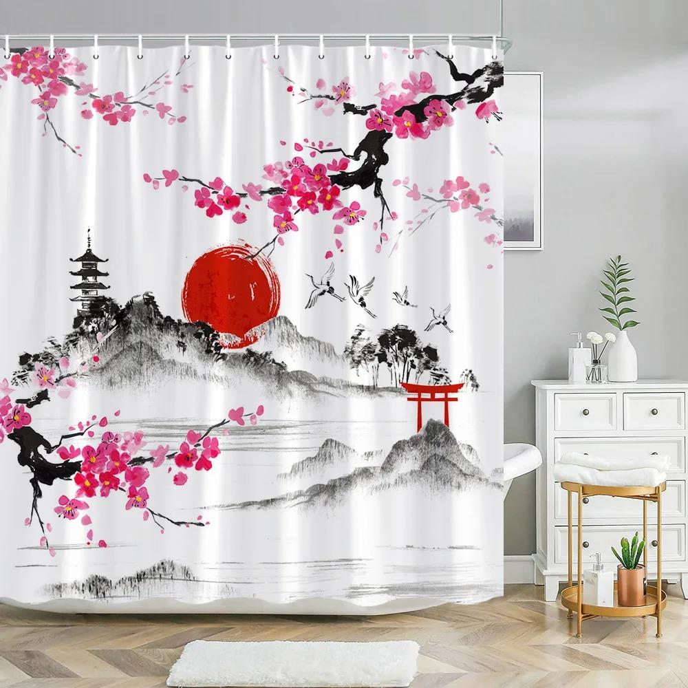 Chinese Landscape Landscape painting Shower Curtain Ink Painting Landscape Polyester Fabric Washable Bath Curtain Bathroom Decor