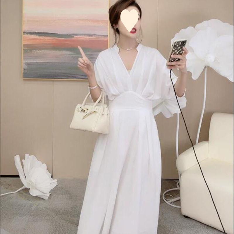 Niche Design Dress Women's Summer White V-neck Design Temperament Fashionable and Thin Medium and Long Skirt