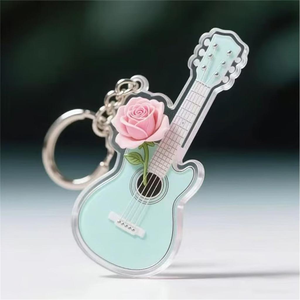 Wunderschöner Gitarren-Schlüsselanhänger-Charm, Acryl-Schlüsselanhänger in Gitarrenform, 2D Niedlicher Rosen-Gitarren-Schlüsselanhänger, Ideal für Musikliebhaber.