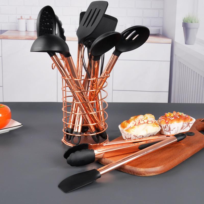 Mångsidigt Svart Silikon och Rostfritt Stål Köksredskapsset Tolvdelat Non-stick Matlagningsnödvändigheter