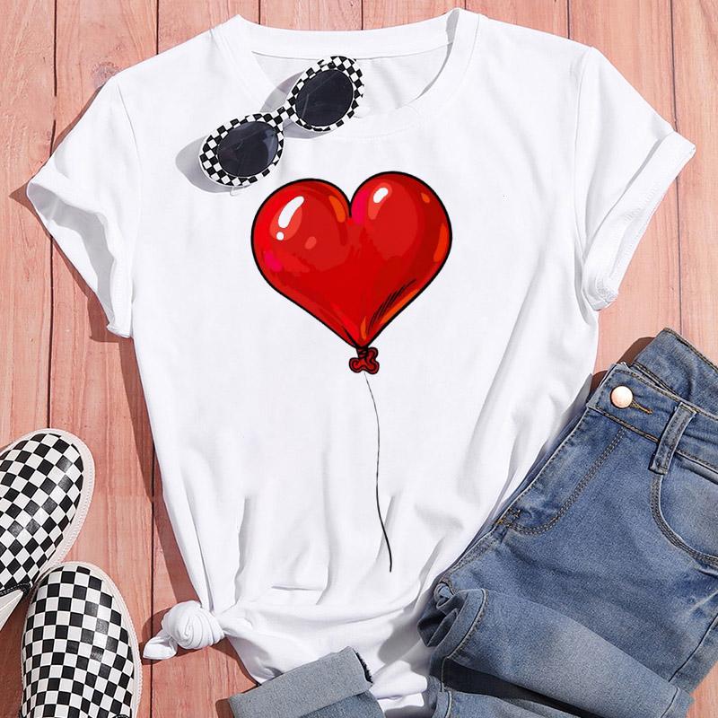 Sportswear Feminine Short Sleeve White Tshirt Clothes Heart Graphic Print T-Shirt Leisure Summer O-Neck Oversized Top Popular T