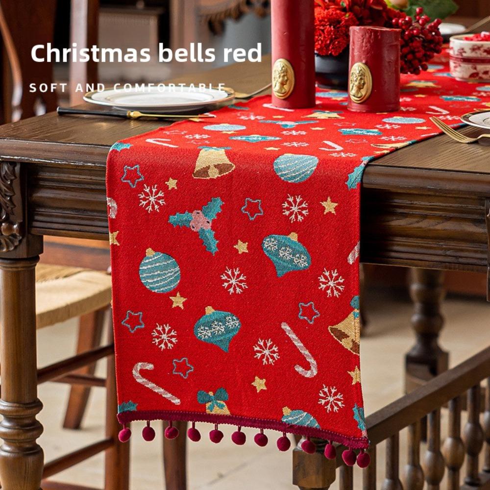 Christmas Red Table Runner Santa Claus Fringe Balls Western Dining Decor Long Cloth Sideboard Table Cover