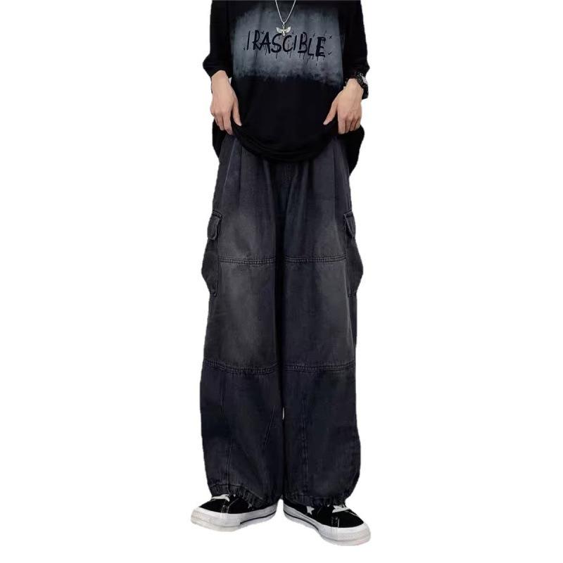 Men's Japanese Retro Wide-Leg Overalls with Large Pockets - Spring/Summer Trendy Neutral Loose Straight Jeans