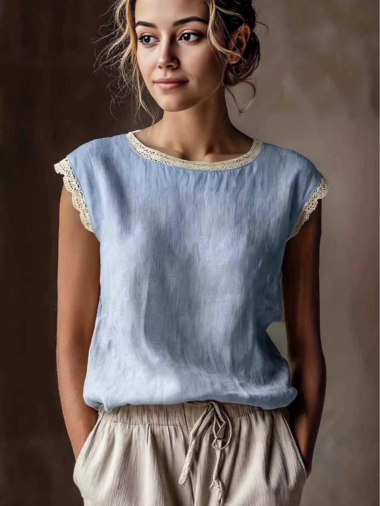 2026 New Women's Retro Loose Sleeveless Linen Shirt with Lace Patchwork