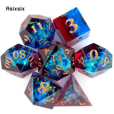 7 Pcs Blue Red Resin Golden Number Sharp Edge Dice Polyhedral Dice Suitable for Role-Playing RPG    Board Game
