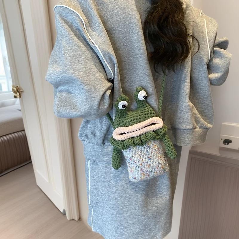 Schoolbag Women's Green Children's Bag Fashion New Hand-Woven Contrast Parent-Child Mobile Phone Bag Cute Frog Shoulder Crossbody Bag