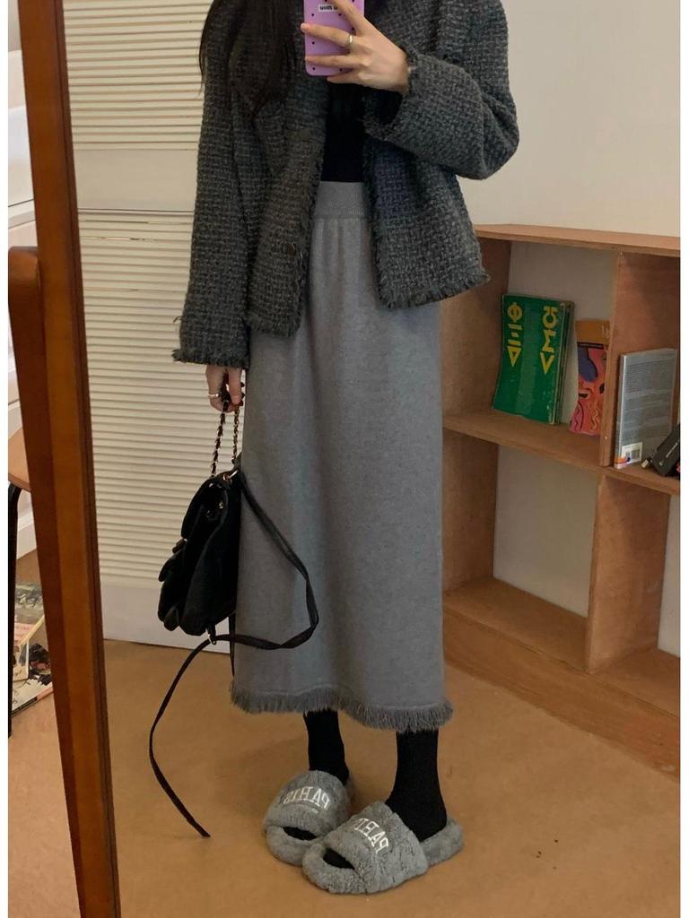 Tassel Knit Over-Knee High Waist Slim Wool Skirt with Matching Sweater