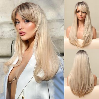 Parrucca sintetica lunga bionda bionda Ombre bianca con frangia Parrucche per capelli cosplay per donne resistenti al calore