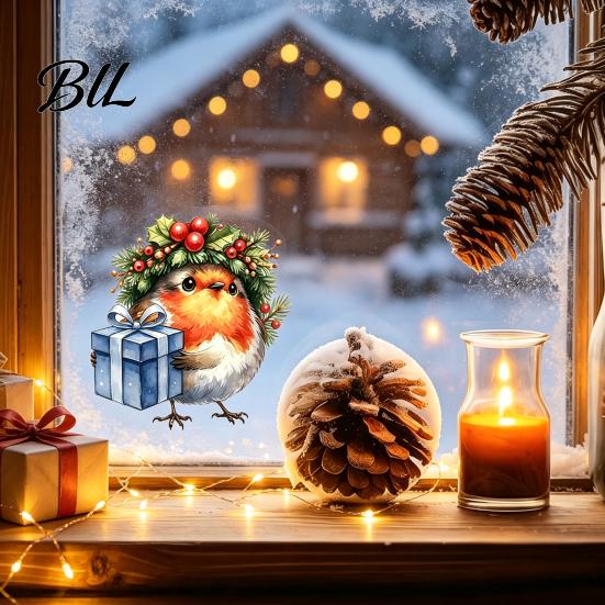 Christmas Party Glass Decorations Bird Static Window Sticker, Cute Watercolor Stickers with Wreath And Gift Box, PVC Decals for Waterproof Clings