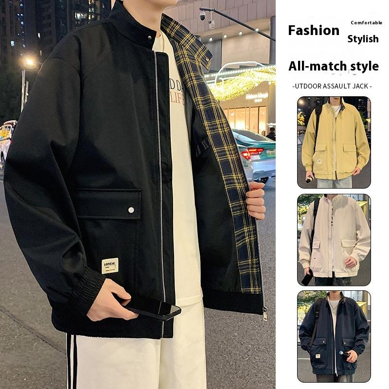 Cozy Up Workwear Jacket Plaid Stand Collar Large Size Loose Plus Size Casual Men's Coat