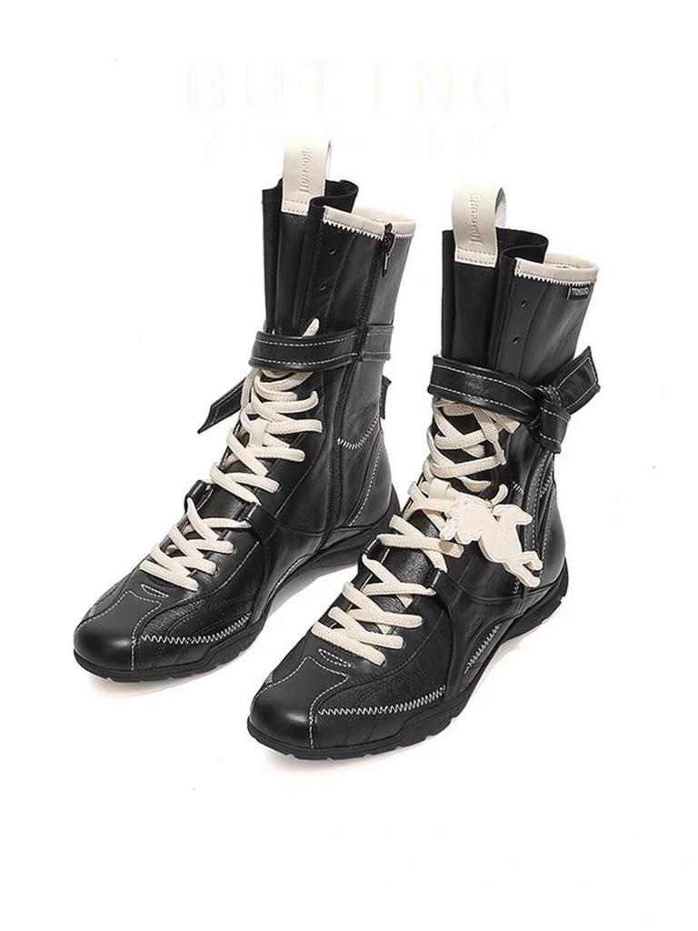 Cowhide Version~ Retro Matte Niche Martin Boots Lace-up Boxing Boots Round Head Short Boots Women's Versatile Mid-tube Western Women