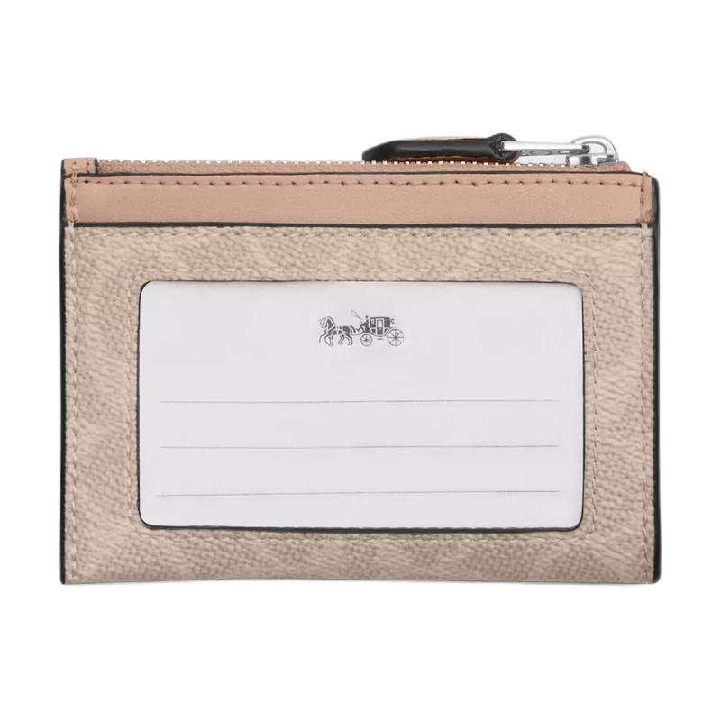 Coach Skinny Id Case Logo Metal Zipper Closure Faux Leather Card Holder Regular Women's Sand Sand Color