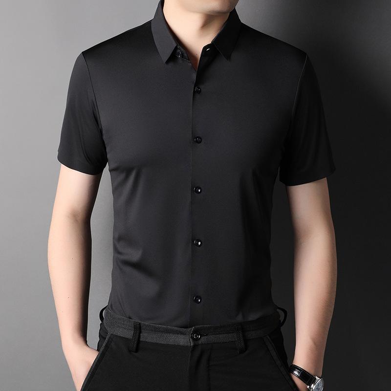 Verano Nueva Moda para Hombre Camisa Casual de Manga Corta Edad Media Seda de Hielo Sin Costuras Fina Color Sólido